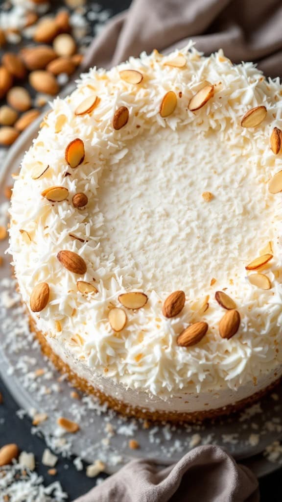 A delicious coconut cream cake topped with toasted almonds and coconut flakes.