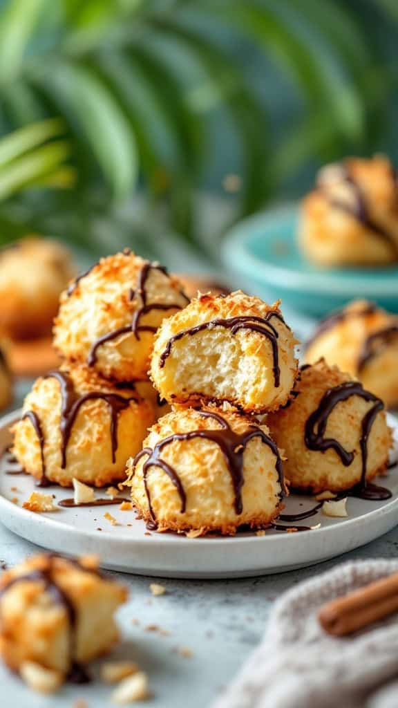 A plate of coconut macaroons drizzled with chocolate.