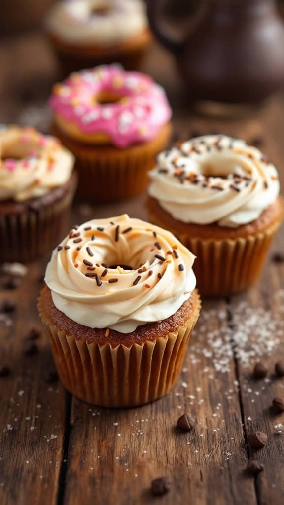 Coffee and donut cupcakes with colorful frosting and sprinkles on a wooden table.