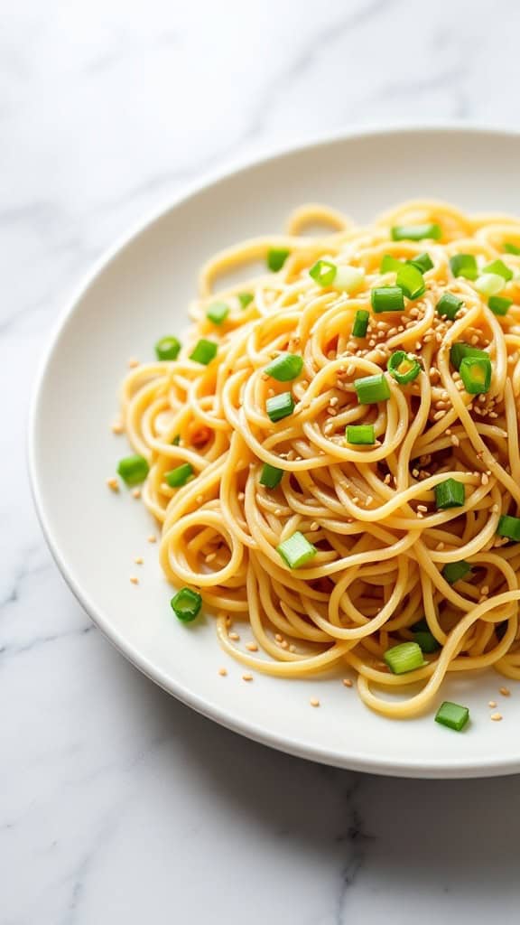 A plate of cold sesame noodles topped with green onions and sesame seeds.