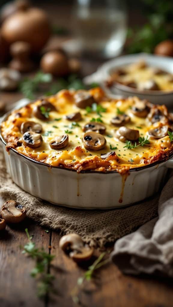 A delicious creamy mushroom and Gruyère casserole with a golden top, garnished with fresh herbs.