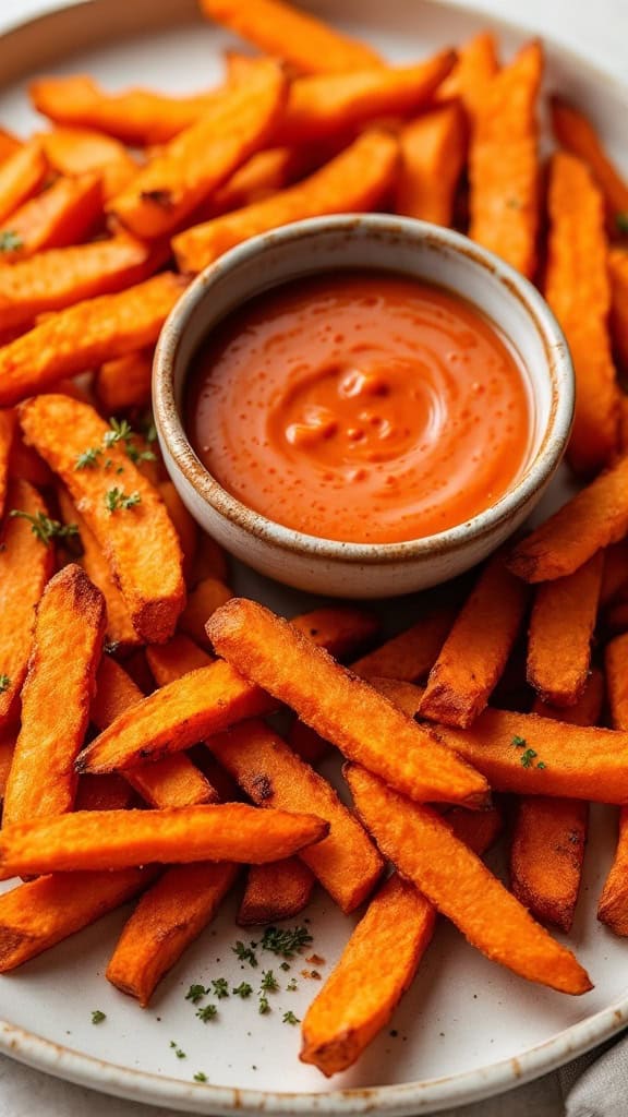 A plate of crispy sweet potato fries served with a dipping sauce