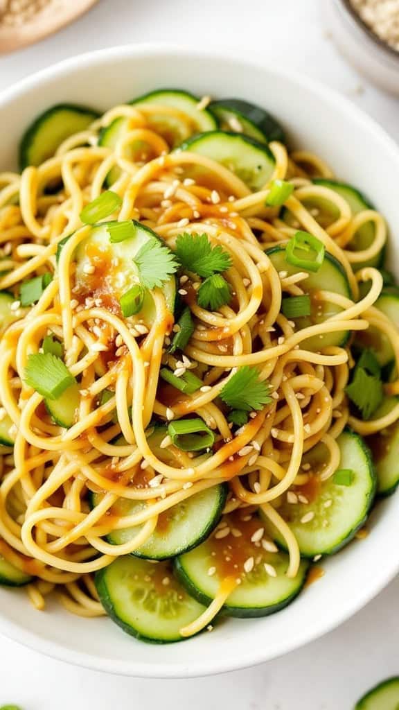 A bowl of cucumber noodle salad topped with green onions and sesame seeds, with chopsticks picking up a noodle.