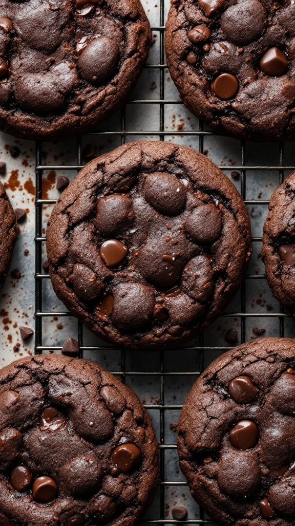 A close-up of double chocolate cookies on a cooling rack.