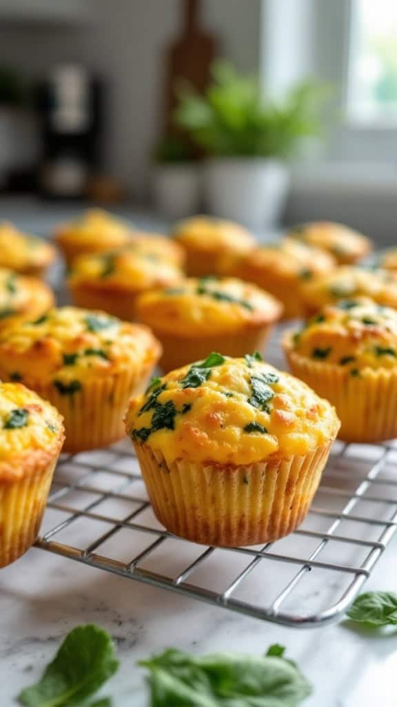 Freshly baked egg white and spinach breakfast muffins cooling on a rack.