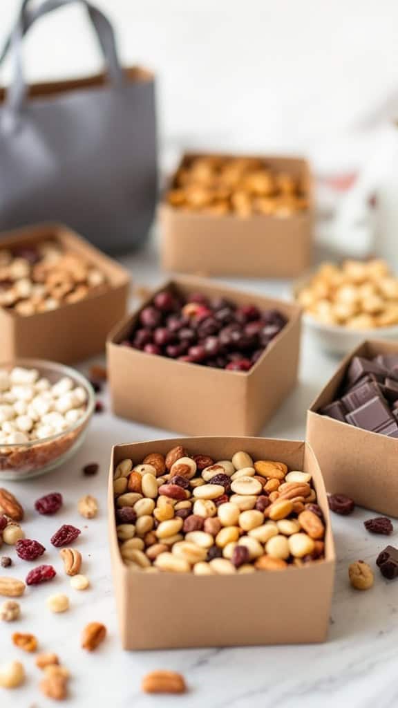 Variety of energy-boosting snack boxes with fruits, nuts, and chocolate on a table.