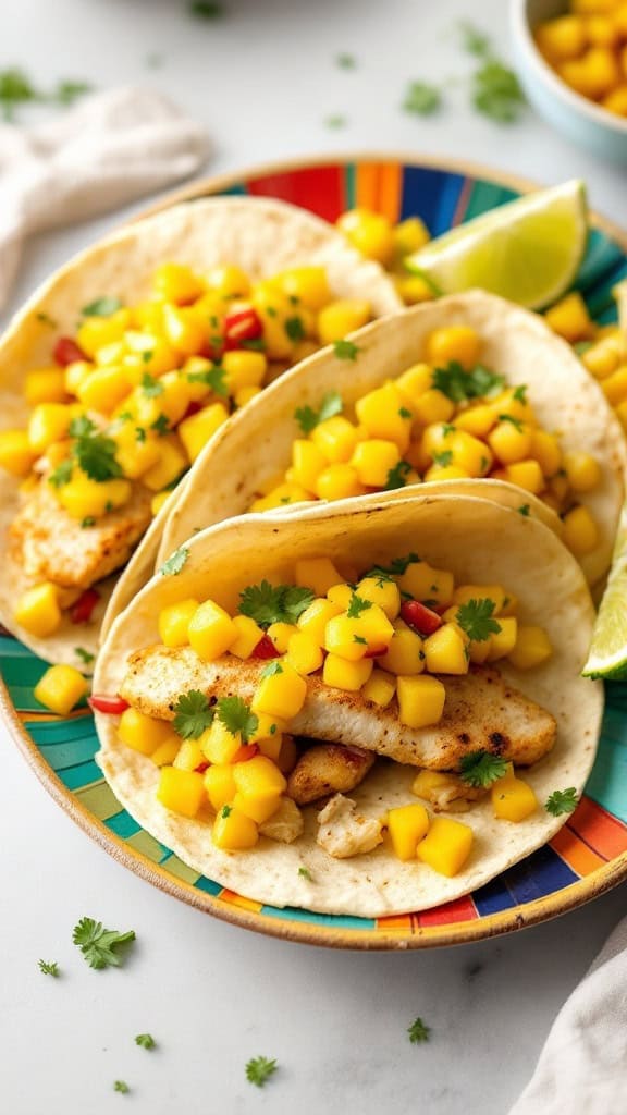 Fish tacos topped with mango salsa on a colorful plate.