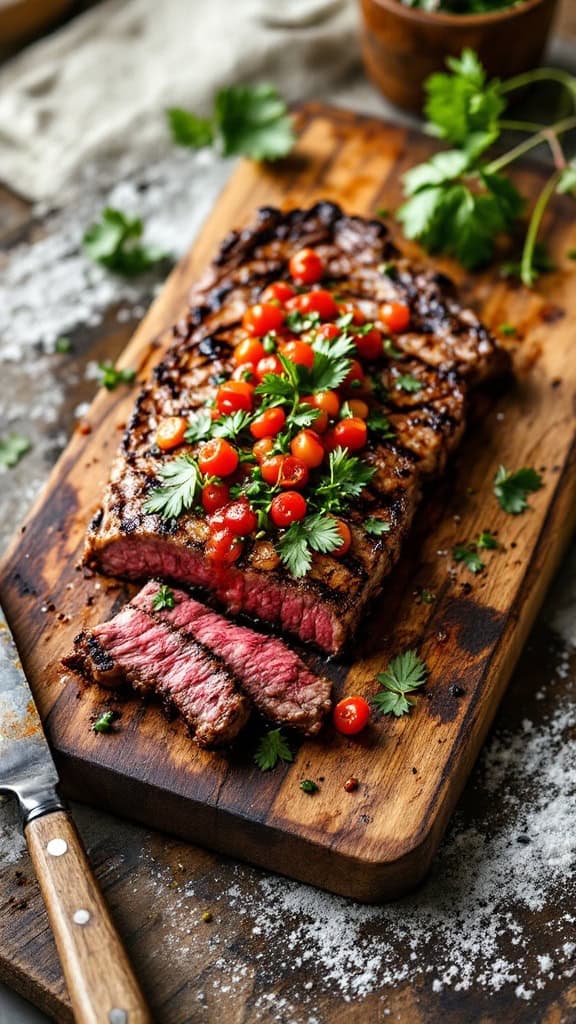 Grilled steak with chimichurri sauce, garnished with cherry tomatoes and herbs on a wooden cutting board.