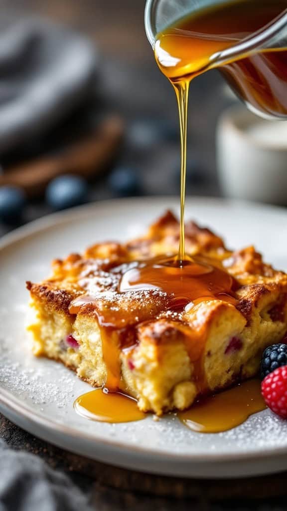 Slice of French toast casserole being drizzled with maple syrup