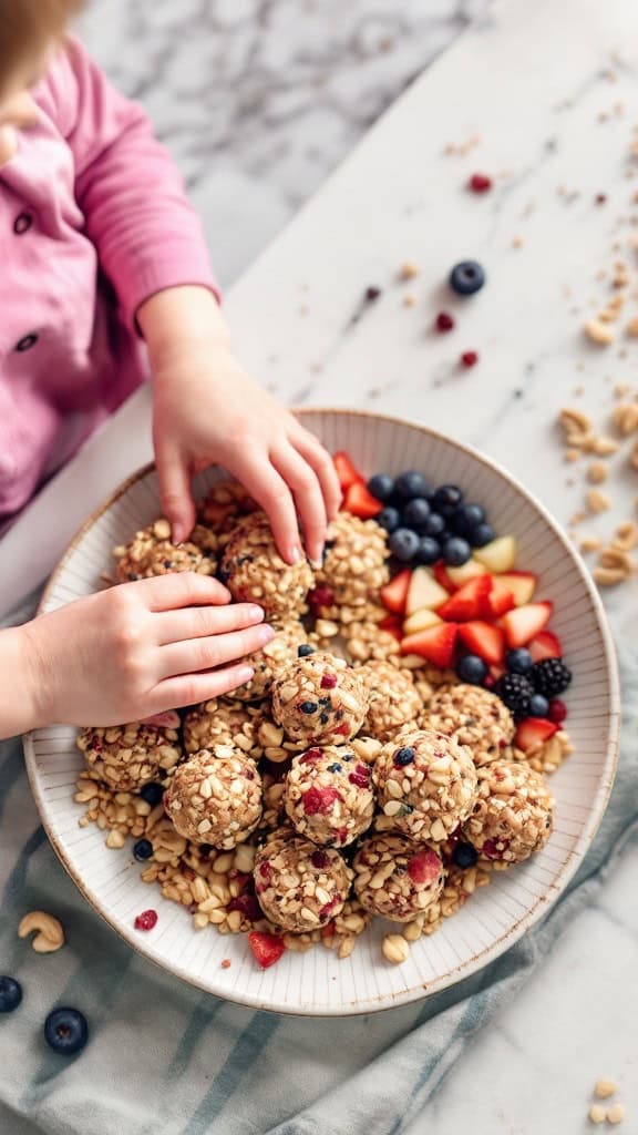 A child reaching for homemade fruit and nut energy bites on a plate.