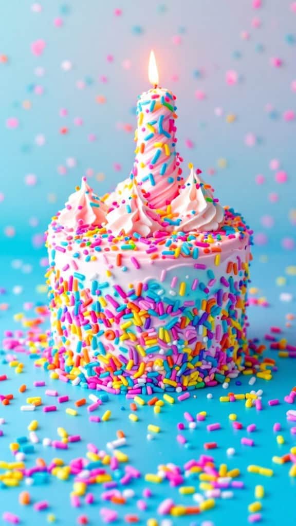 A funfetti birthday cake adorned with colorful sprinkles and a lit candle on top.