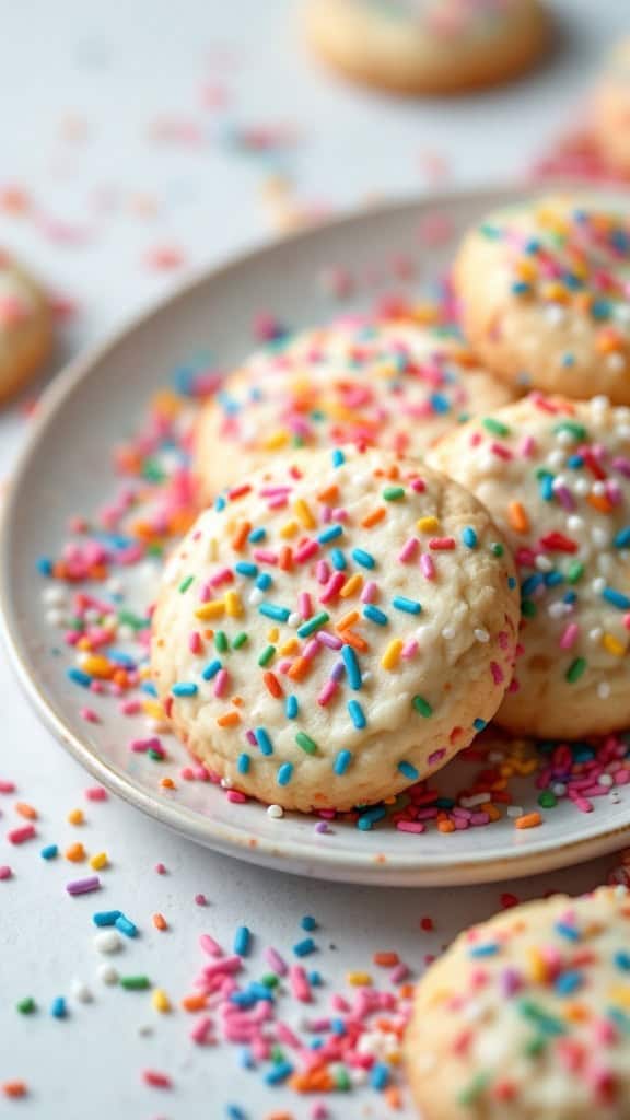 A plate of funfetti cookies sprinkled with colorful toppings.