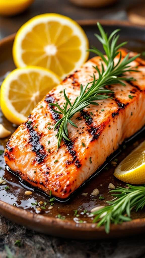 Grilled salmon garnished with rosemary and lemon slices