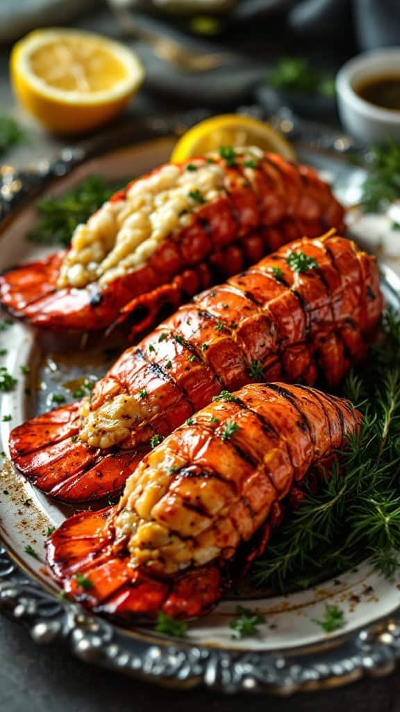 Grilled lobster tails with garlic butter on a silver platter, garnished with herbs and lemon