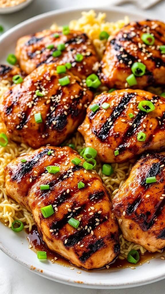 Grilled chicken thighs glazed with teriyaki sauce and topped with green onions.