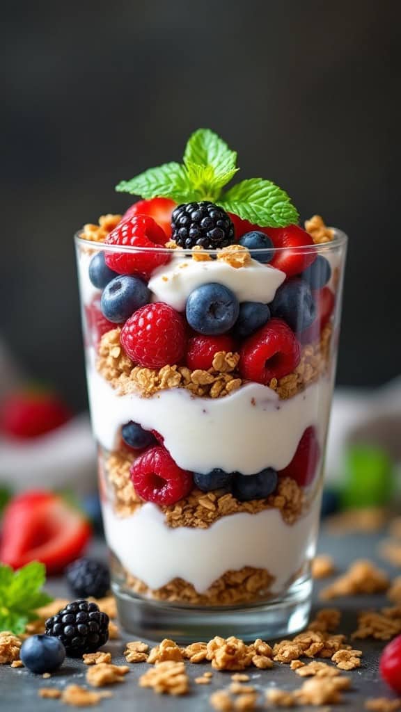 A delicious Greek yogurt parfait with layers of yogurt, berries, and granola.
