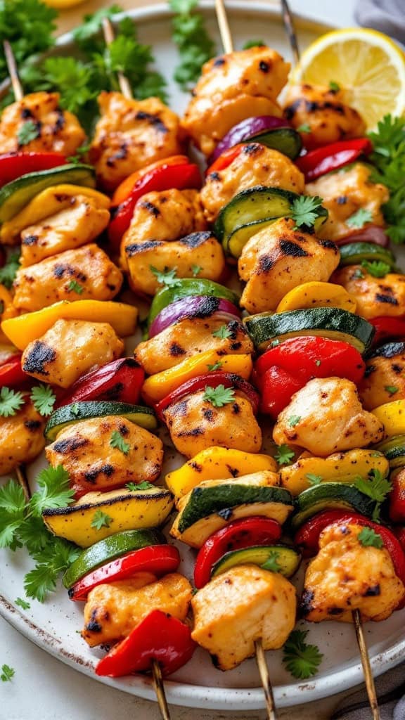 Grilled chicken and vegetable skewers with colorful peppers, zucchini, and tomatoes.