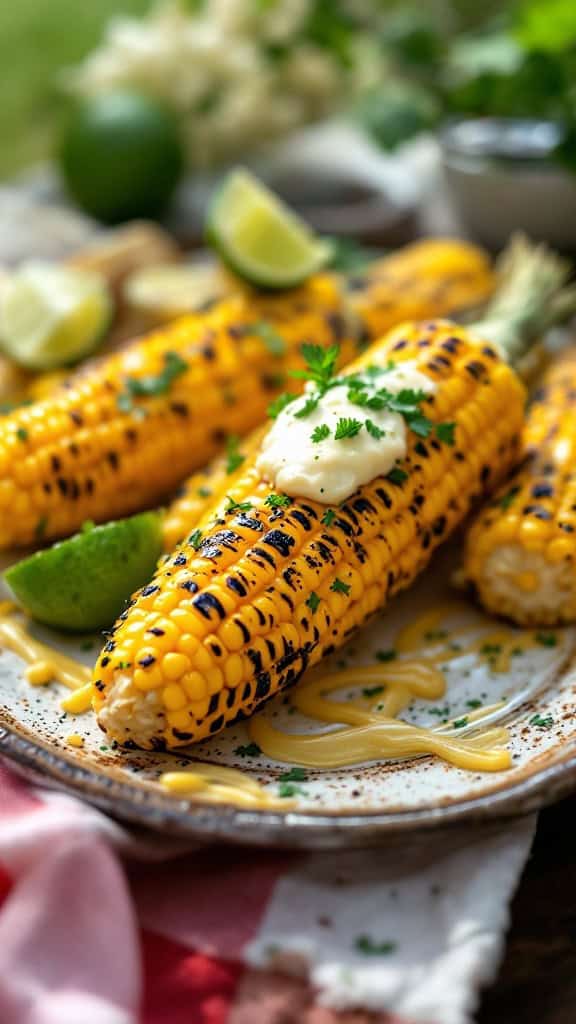 Grilled corn on the cob with lime butter and lime wedges on a plate.