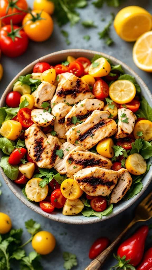 A bowl of Grilled Lemon Herb Chicken Salad with grilled chicken, cherry tomatoes, and lemon slices.