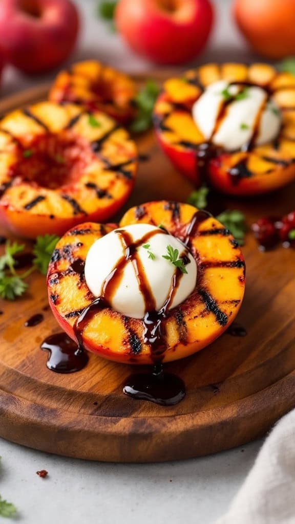 Grilled peaches topped with burrata cheese and balsamic glaze on a wooden platter.