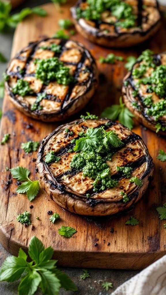 Grilled portobello mushrooms topped with pesto on a wooden board.