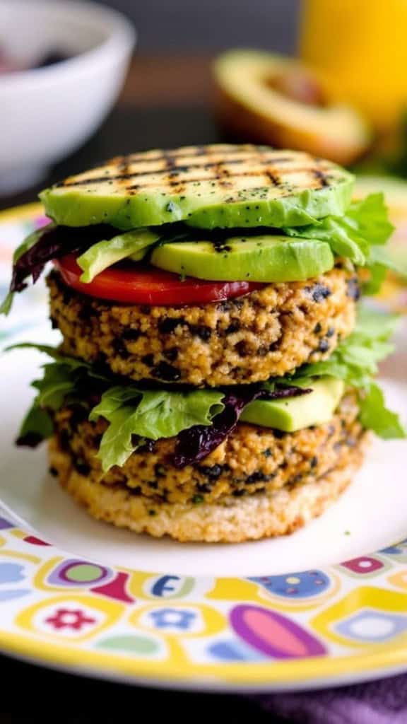 Delicious grilled quinoa and black bean burgers with fresh toppings.
