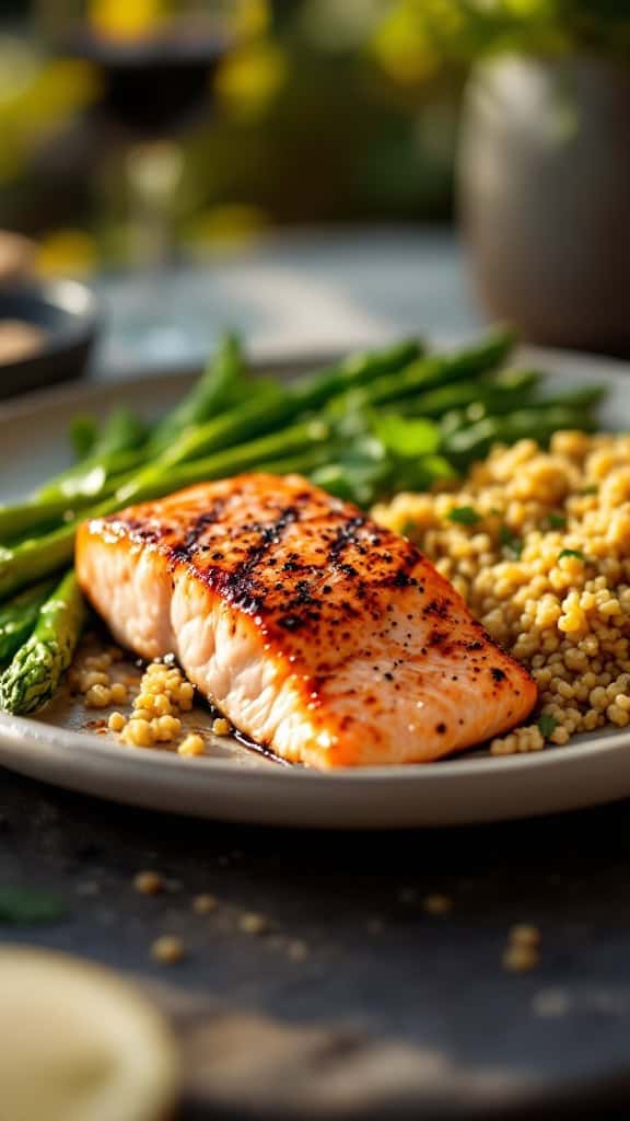 Grilled salmon fillet served with asparagus and quinoa on a plate.