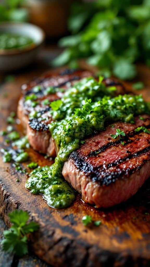 Grilled sirloin steak with chimichurri sauce on a wooden board.