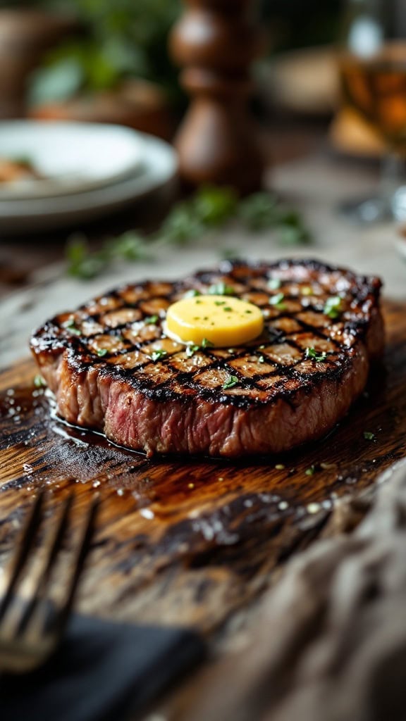 A beautifully grilled steak topped with garlic butter on a wooden board.