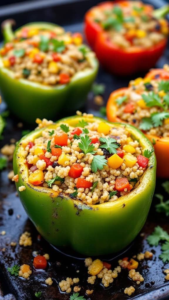Colorful grilled stuffed bell peppers filled with a savory mixture on the grill.