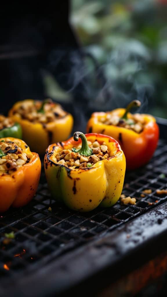 Colorful grilled stuffed bell peppers on the grill.