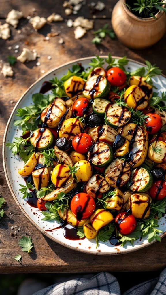 A vibrant grilled vegetable platter featuring zucchini, bell peppers, and cherry tomatoes drizzled with balsamic glaze.
