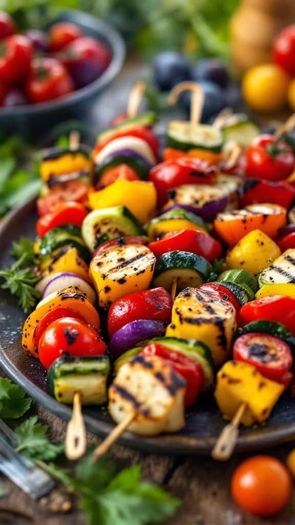 A plate of grilled vegetable skewers with colorful peppers, zucchini, and tomatoes