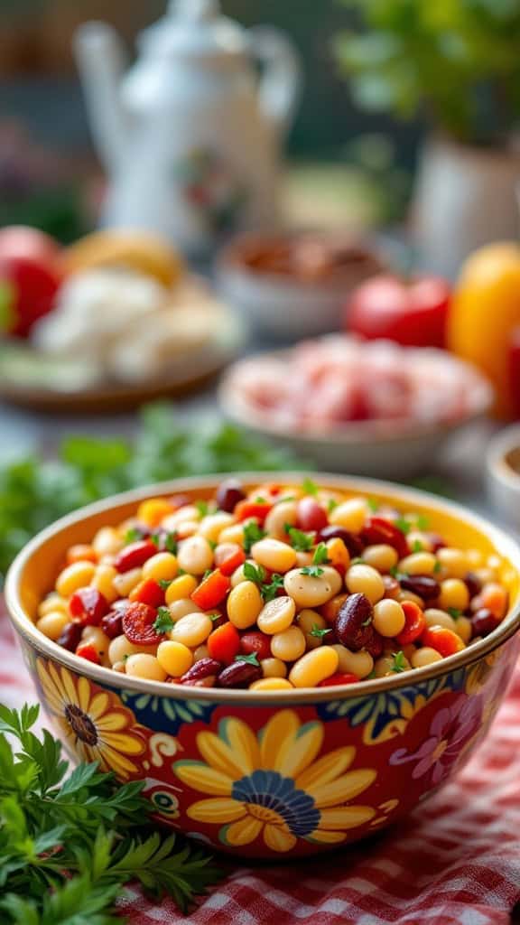A colorful bowl of BBQ bean salad with various beans and vegetables.