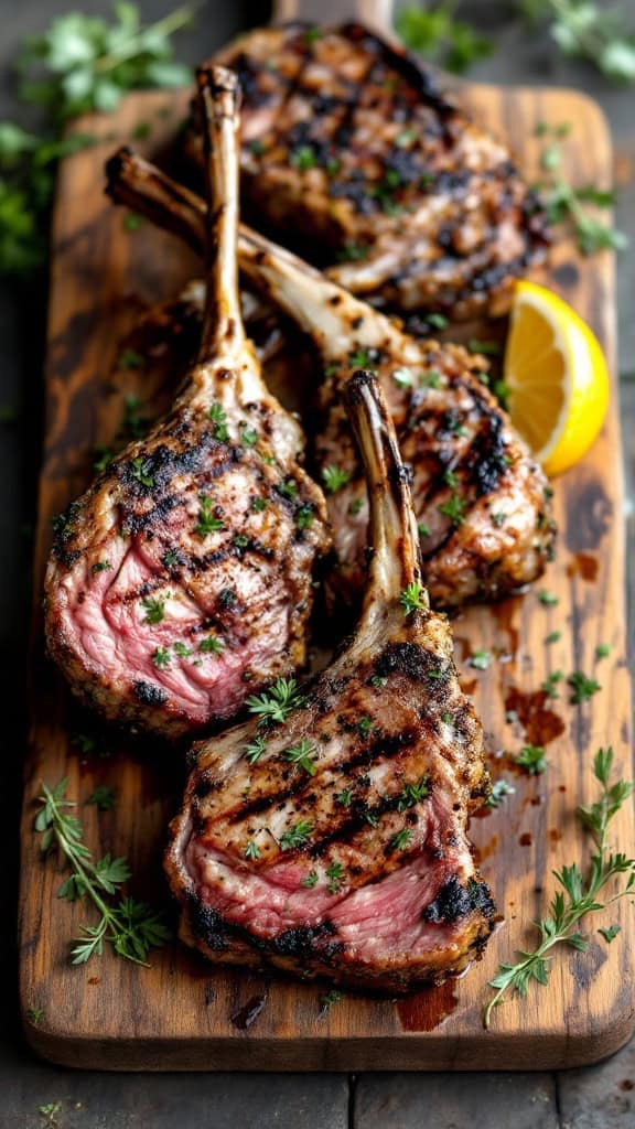 Grilled lamb chops with lemon slices on a wooden board.