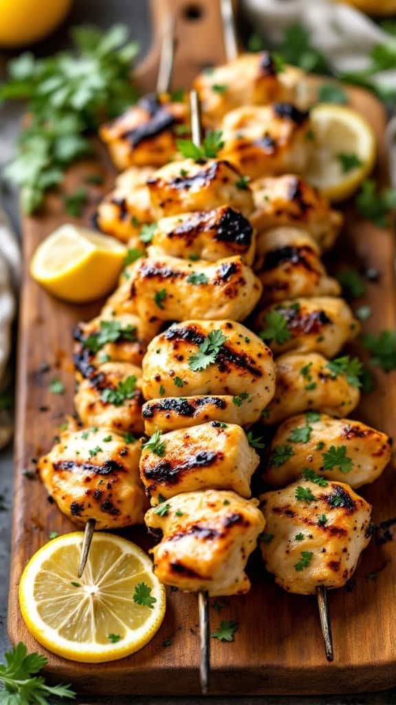 Grilled chicken skewers with herbs and lemon slices on a wooden board.