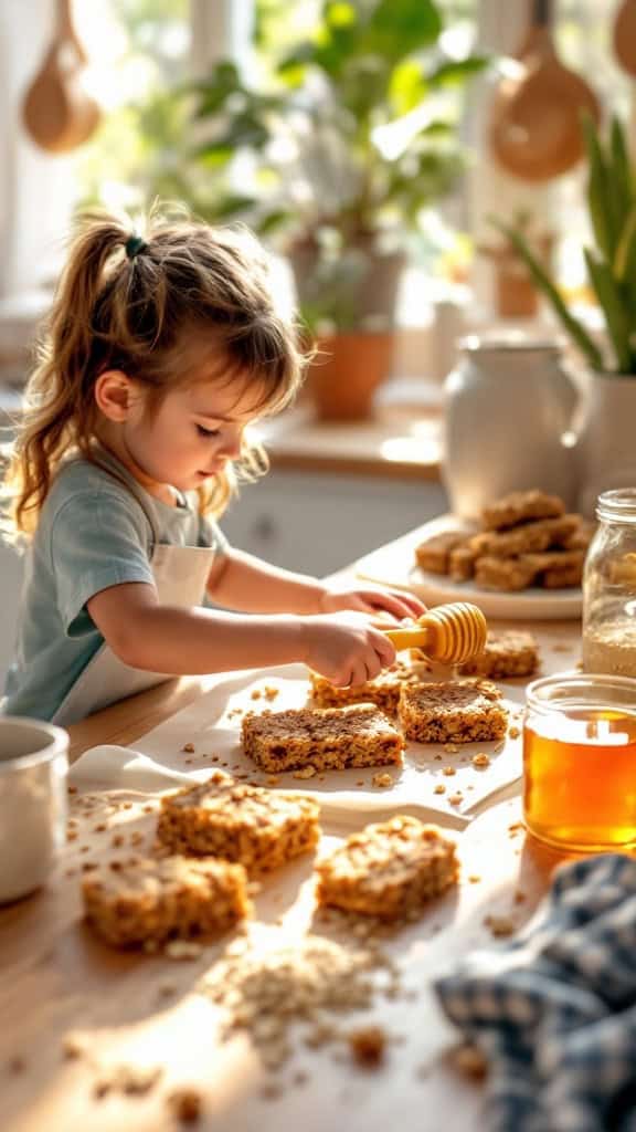 A child mixing ingredients to make homemade granola bars in a bright kitchen.