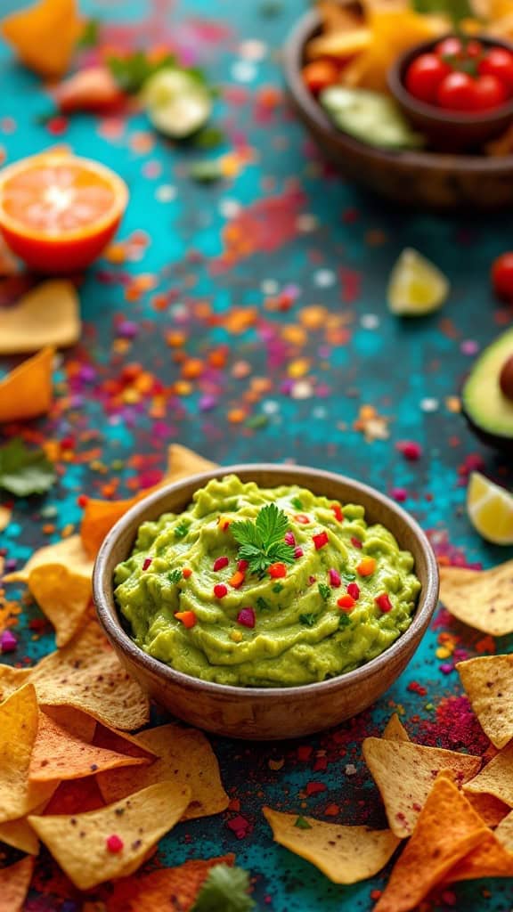 A bowl of homemade guacamole surrounded by colorful tortilla chips.