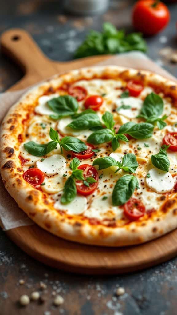 A colorful homemade pizza topped with tomatoes, olives, and basil on a wooden board.