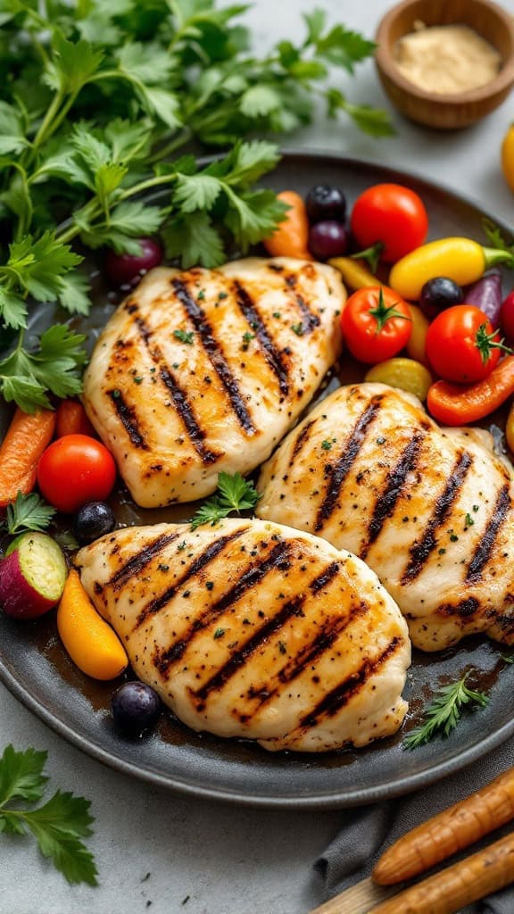 Grilled chicken breasts with honey garlic glaze and colorful vegetables on a plate.