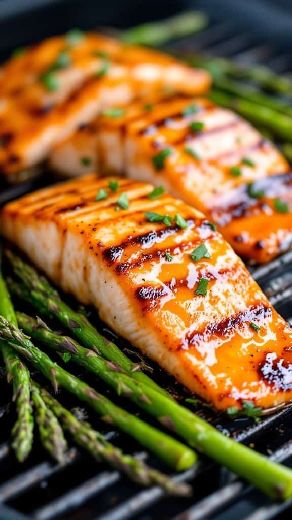 Grilled honey garlic salmon fillets served with asparagus.