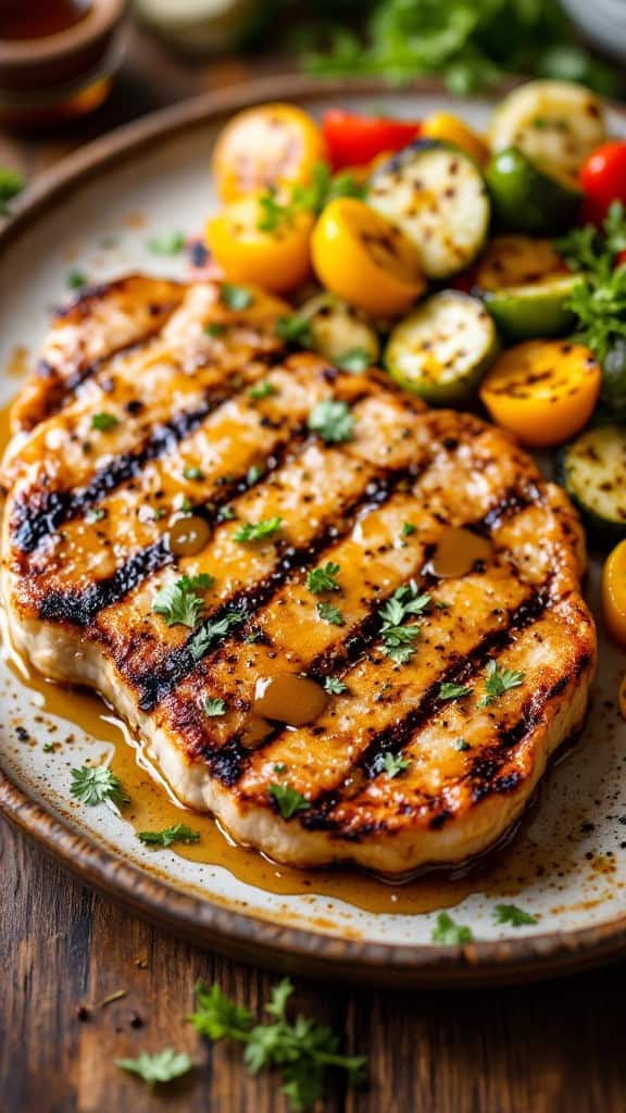 Grilled pork chop with honey mustard glaze, surrounded by cherry tomatoes, grilled zucchini, and fresh herbs.