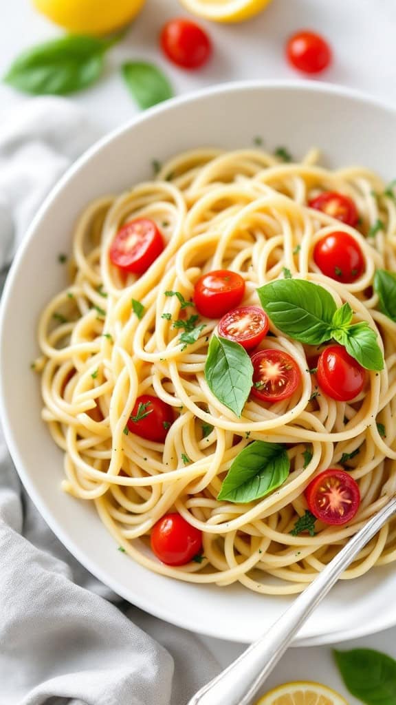 A bowl of lemon basil pasta with cherry tomatoes, garnished with basil leaves.