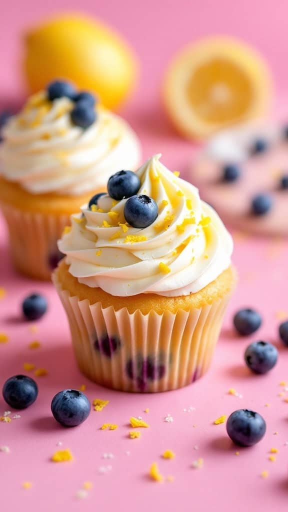 Lemon blueberry cupcakes with cream cheese frosting on a pink background.
