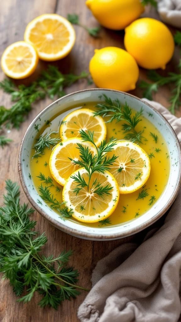 A bowl of lemon dill marinade with lemon slices and fresh dill, surrounded by whole lemons and green herbs.