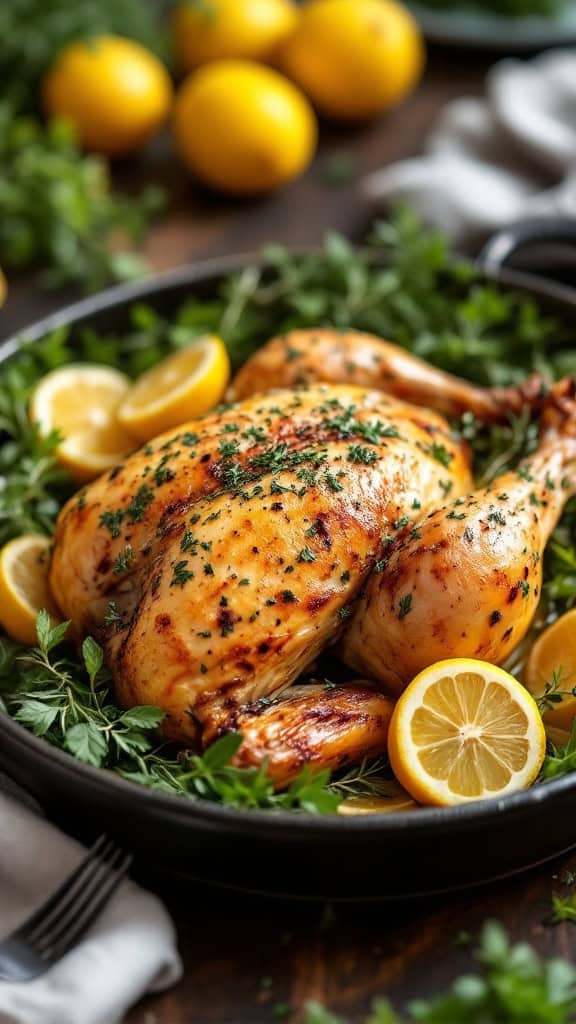 A beautifully roasted chicken garnished with lemon slices and herbs.