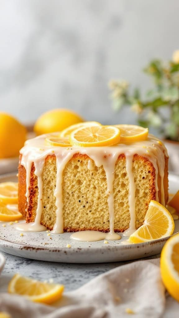 A lemon poppy seed cake with a citrus glaze and lemon slices on top.