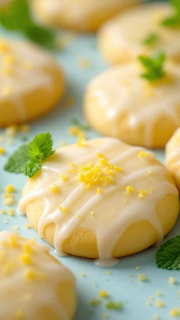 Lemon sugar cookies with icing and lemon zest on top.