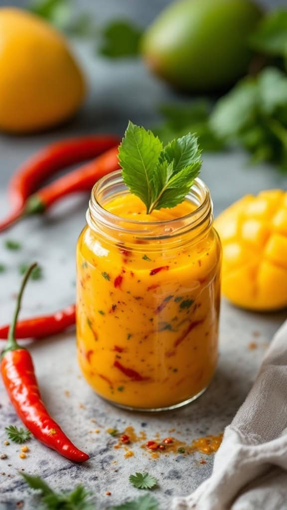 A jar of vibrant mango chili marinade with red chili peppers and fresh herbs.