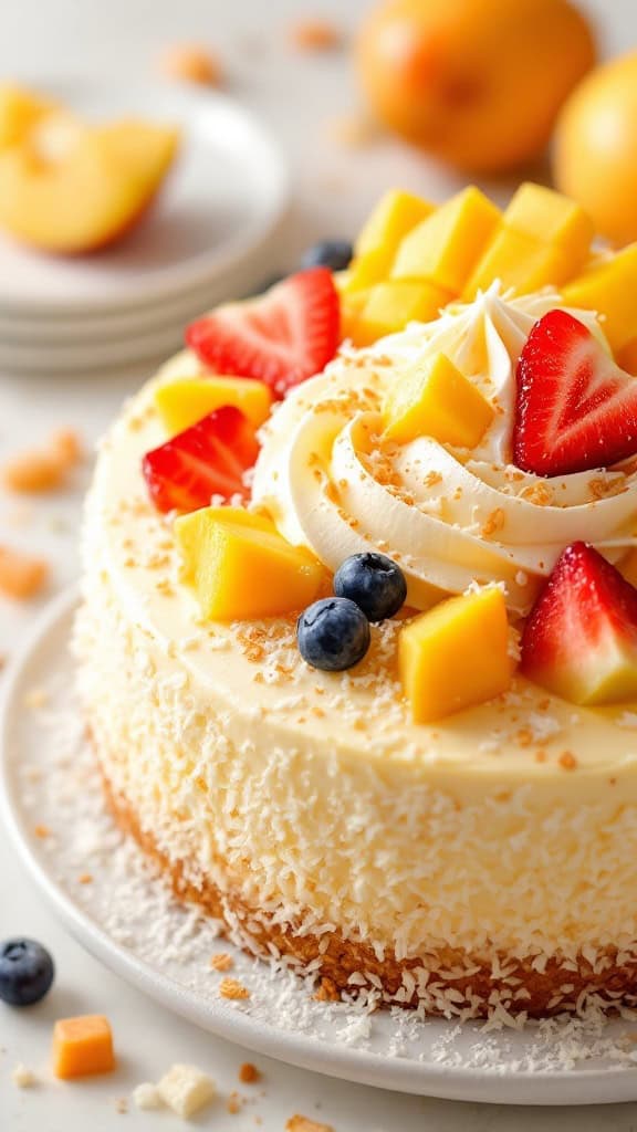 Mango Coconut Cake topped with fresh mango, strawberries, and blueberries.